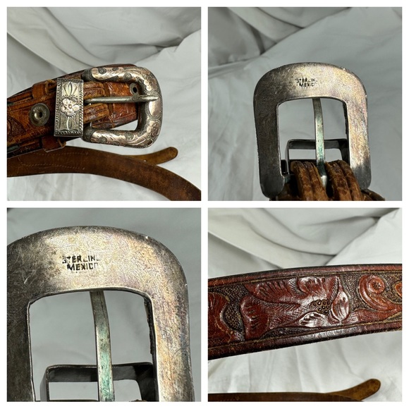 Vintage 4 piece sterling tan western tooled leather belt small - Picture 3 of 13